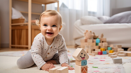 young happy woman and baby girl in bed