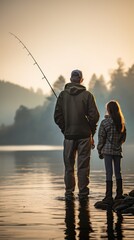 Father and daughter fishing together in a pond