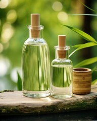 A set of blank clear glass skincare bottles near a tranquil bamboo