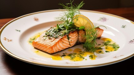 A beautifully plated dish featuring grilled salmon with a lemon and dill garnish, served on a white porcelain plate.