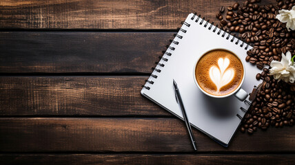 coffee cup and notepad on wooden background. top view with copy space