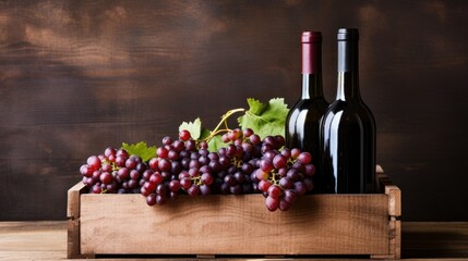 Blank sleek wine bottles near a rustic wooden crate and grapes - Powered by Adobe