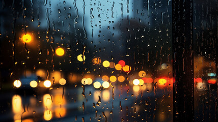 rain drops on the glass window in rainy night city - obrazy, fototapety, plakaty