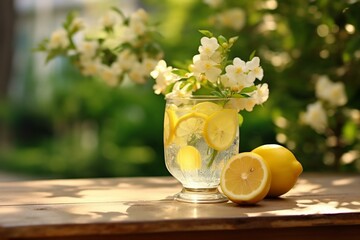 a glass of lemonade on a table with flowers in the background. Generative AI - obrazy, fototapety, plakaty