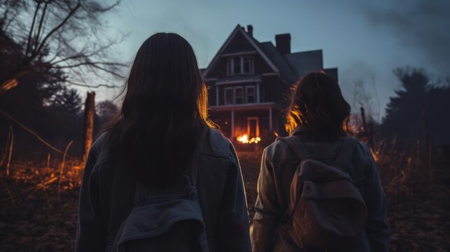 Young girls making their way to a frightening old house