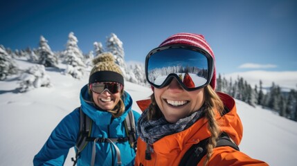 Two adventurous girlfriends skiing together in the snow