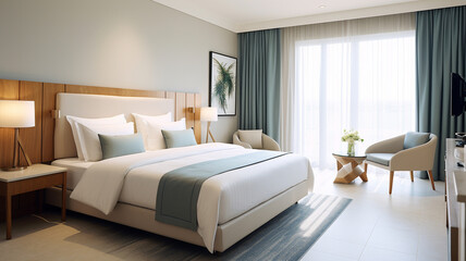 3 d rendering of a modern hotel bedroom interior