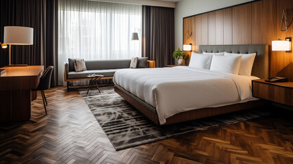 3 d rendering of a modern hotel bedroom interior