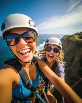 Two girlfriends having fun moments climbing the mountain