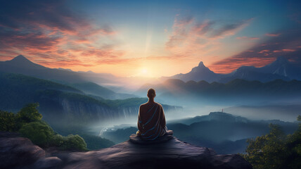 buddha meditating on top of the cliff - obrazy, fototapety, plakaty