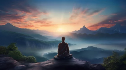 Foto op Plexiglas buddha meditating on top of the cliff © Vahagn