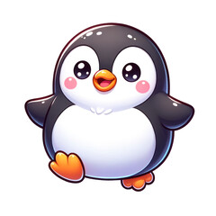 Cute chubby cartoon penguin with bright orange feet, waddling happily on isolated background. Cartoon Cute Png.