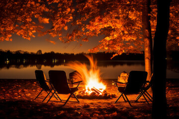 picnic in the forest at night with campfire