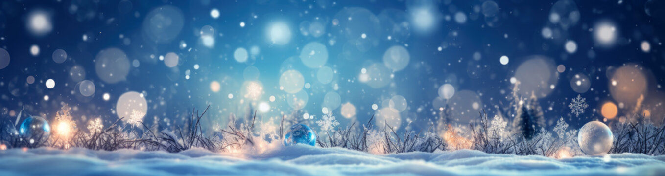 christmas winter blurred background. Xmas tree with snow decorated with garland lights, holiday festive background.