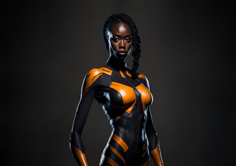 Beautiful black woman wearing supehero costume. Empowered african american heroine