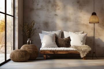 cozy living room with rustic wooden furniture and sofa