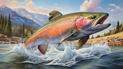 Foto op Plexiglas A high-definition capture of a gracefully arching rainbow trout leaping out of a pristine mountain stream. © UMR