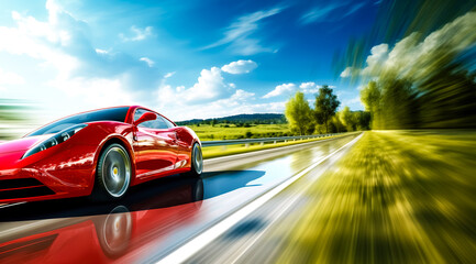 Red Business car on high speed in turn. Super car rushing along a high-speed highway with motion speed in sunny day. digital ai	 - obrazy, fototapety, plakaty
