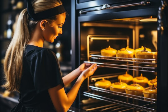 woman baking, taking muffins out of the oven