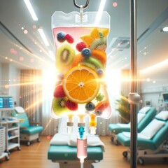 In a well-lit clinical room, an IV drip bag filled with vitamin infusion therapy saline is showcased. The saline inside the bag has hues of tropical fruits.. 
 Generative AI
