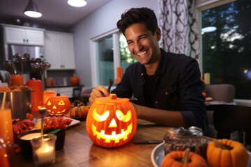man carving halloween pumpkin