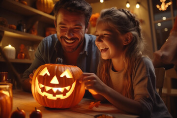 father and daughter carving halloween pumpkin