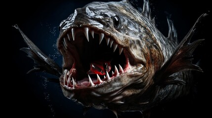 A snapshot of a fierce-looking piranha lurking in the shadows, showcasing its razor-sharp teeth.