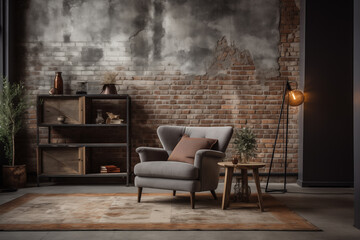 Industrial interior design, textiles, concrete bricks