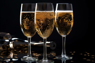 Champagne-filled flutes shimmering with golden bubbles on a reflective black surface. Generative AI