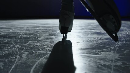 close-up shot of female legs and how figure skater starts to slide