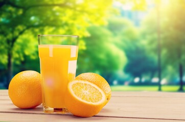Fresh sweet orange juice in glass on table, AI generated image