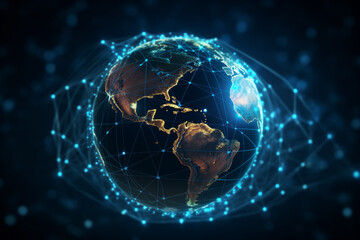 Communication technology for internet business. Global world network and telecommunication on earth cryptocurrency and blockchain and IoT. High quality illustration