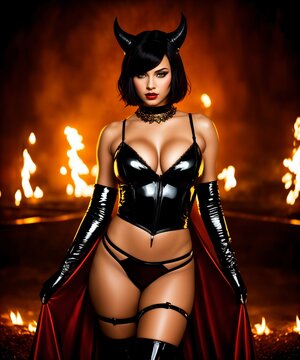 Sexy brunette woman dressed as a devil with horns and a red cloak.