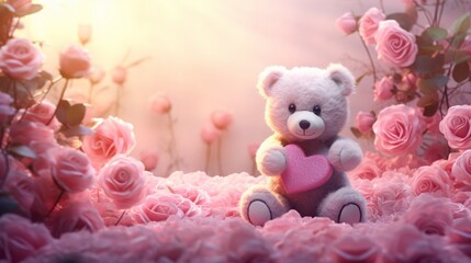 A pink and white teddy bear holding a red heart, sitting in a bed of pink roses, its fur softly illuminated by the warm sunlight