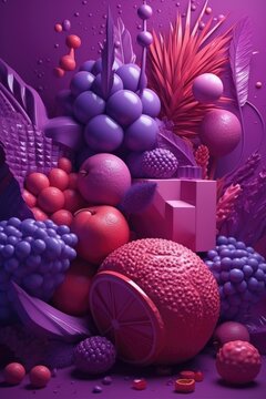 Abstract picture with pink and purple geometric shapes, berries and fruits AI generative