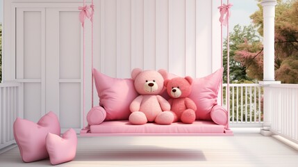 A pink teddy bear with a red heart, sitting on a white porch swing adorned with pink and white cushions, creating a serene, inviting scene