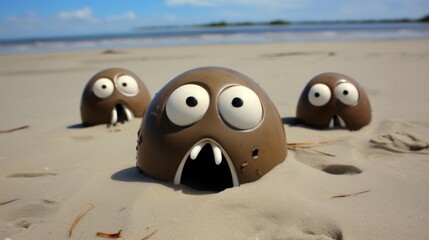 Obraz premium Quirky round tumbled beach rocks with googly eyes on a sandy coastal beach, expressive and funny storytelling, sunny summer day at the shore fun.