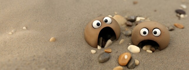 Quirky round tumbled beach rocks with googly eyes on a sandy coastal beach, expressive and funny storytelling, sunny summer day at the shore fun. - Powered by Adobe