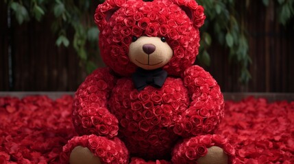 A plush red bear with a heart, nestled among clusters of ruby-red camellias, their glossy petals creating a luxurious and vibrant scene