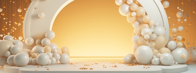 Podium birthday balloon gift gold background product festive golden stand platform winner stage. Balloon 3d confetti birthday party pedestal podium display anniversary scene premium award card banner