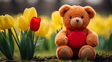A plush red teddy bear with a heart, holding a single red daffodil, its bright yellow center contrasting with the bear's vivid red fur