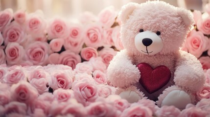 A close-up of a pink teddy bear with a white heart, nestled among pink and white roses, the red heart a vibrant focal point against the delicate blooms