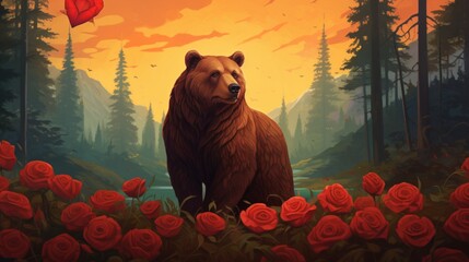 A red bear with a heart-shaped patch on its chest, holding a vibrant red rose in its paw, against a backdrop of lush green foliage