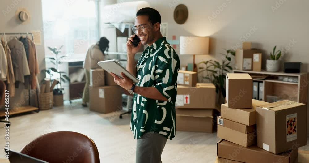 Poster online shop, phone call and tablet, man networking in office with sales and communication for small 