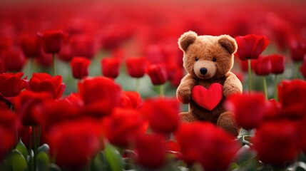 A red teddy bear with a heart, sitting amidst a bed of scarlet poppies, its paw gently touching a vibrant red tulip