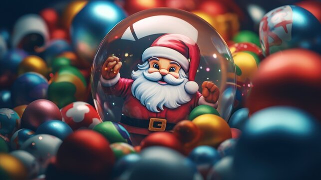 Santa Claus in a transparent ball in a pile of colorful smaller balls as a real picture of the coming holidays