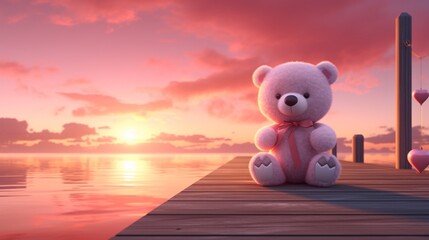 A white teddy bear with pink accents, holding a red heart, standing on a wooden dock overlooking a serene pink sunset reflected in calm waters