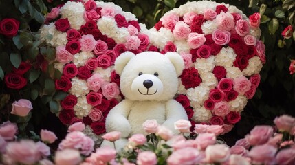 A white teddy bear with pink accents, holding a red heart, standing in a garden filled with pink and white hydrangea blooms, their clusters creating a lush backdrop