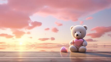 A white teddy bear with pink accents, holding a red heart, standing on a wooden dock overlooking a serene pink sunset reflected in calm waters