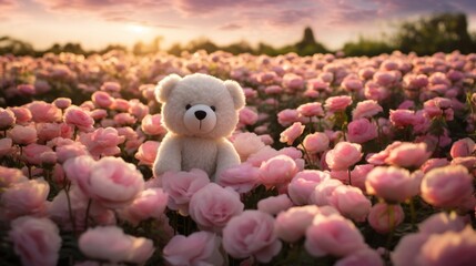 A white teddy bear with pink accents, holding a red heart, standing in a field of pink and white peonies, their lush blooms creating a dreamy, romantic setting
